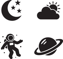 Space and Weather Icon Bundle Astronaut Moon Stars Planet and Cloud Clipart Set for Astronomy Science Sky and Meteorology Vector Design Projects in Black Silhouette Style
