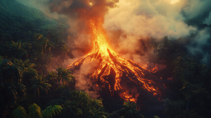 Fototapeta premium an erupting volcano in a tropical rainforest, with vivid red lava contrasting against lush green vegetation and mist
