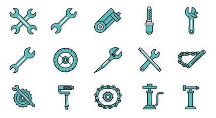 Collection of teal colored bicycle repair tools icons.