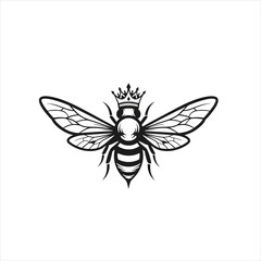 Queen Bee Logo With Wings and Crown, Monochrome Line Art