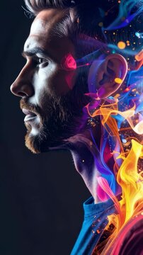 Side profile of a man with a beard, head surrounded by colorful abstract light and shapes against a dark background