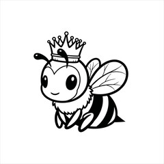 Cute Queen Bee Logo Sitting With Crown, Black and White Cartoon Vector Illustration Art