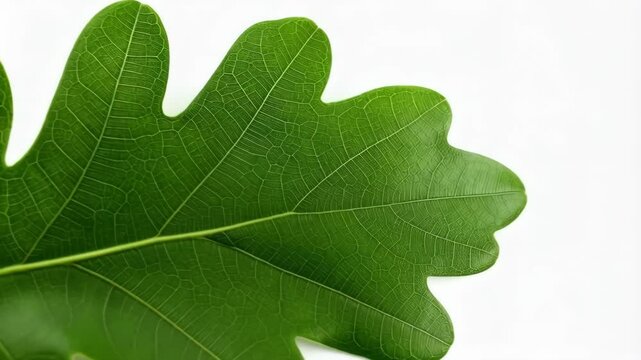 Close-up of a vibrant green oak leaf against a stark white backdrop showcasing intricate vein patterns and detailed foliage texture