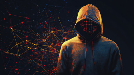 Hacker are planning to hack and attack networks and cyber security systems and stands on the peak of success amid tall, innovative Smart city and graphs with statistics to analyze business potential