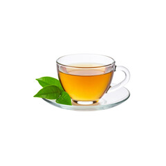 Hot herbal tea with lemon and mint in a transparent glass cup on a white isolated background