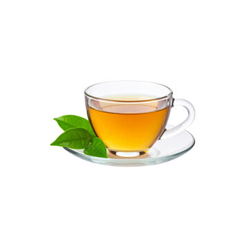 Hot herbal tea with lemon and mint in a transparent glass cup on a white isolated background