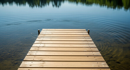 Fototapeta premium Tranquil lake scene with wooden dock and gentle water ripples