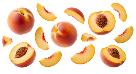 Vibrant falling peach pieces PNG and whole fruits for summer snack designs, antioxidant-rich food content, and fruity compositions. Sliced peach and whole stone fruit isolated falling down