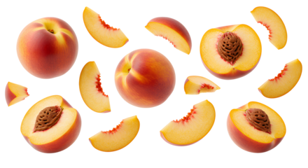 Vibrant falling peach pieces PNG and whole fruits for summer snack designs, antioxidant-rich food content, and fruity compositions. Sliced peach and whole stone fruit isolated falling down