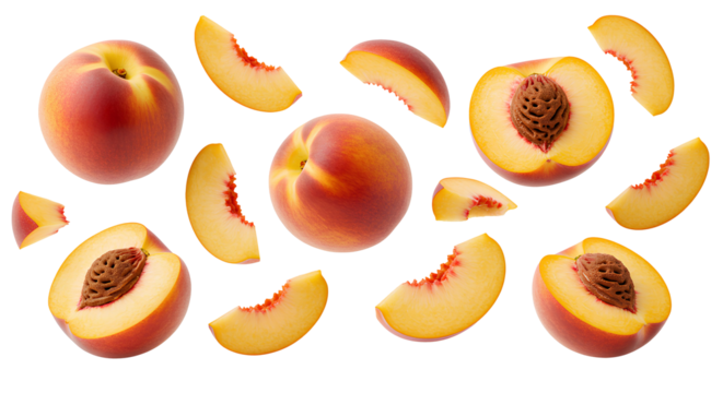 Vibrant falling peach pieces PNG and whole fruits for summer snack designs, antioxidant-rich food content, and fruity compositions. Sliced peach and whole stone fruit isolated falling down
