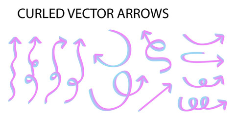 Vibrant, flourescendent and unique vector set of neon pink and blue gradient squiggly curled arrows in 3D effect, a modern pink-to-blue color transition, isolated.