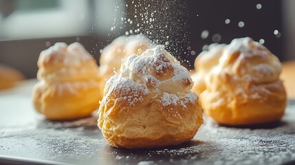 Sprinkling Powdered Sugar on Cream Puffs Freshly Baked Pastries
