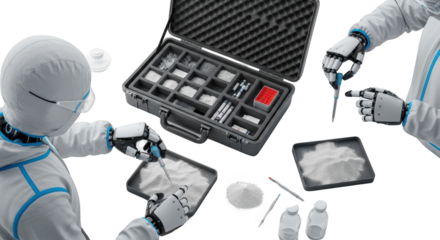 Two robots in lab coats analyze samples using pipettes and a case of lab equipment