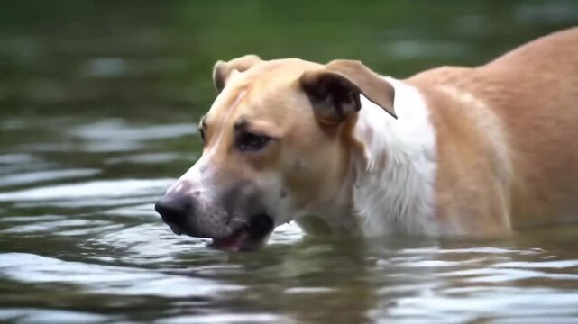 A Dog Partially Submerged in Water. A Natural and Candid Video of a Dog Lapping Water. A Serene and Peaceful Atmosphere with a Light Brown and White Dog. A Quiet Moment of Interaction of dog