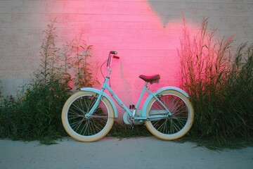 Pastel-colored bicycle leaning against a wall.