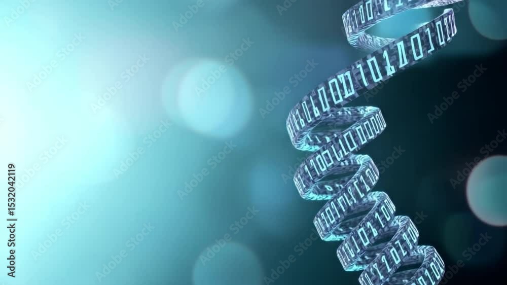 Poster Digital DNA Helix: A captivating visual representation of a DNA helix, constructed with binary code, against a backdrop of softly blurred blue circles, evoking the essence of science and innovation.