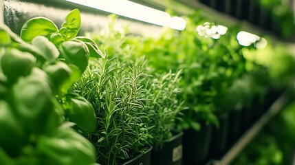 Growing Herbs Indoors Rows of Fresh Rosemary and Basil Plants