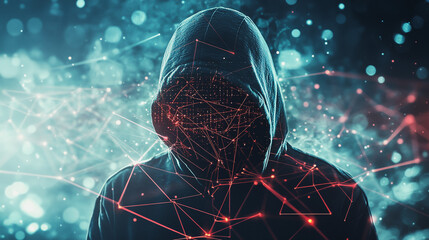 Hacker are planning to hack and attack networks and cyber security systems and stands on the peak of success amid tall, innovative Smart city and graphs with statistics to analyze business potential