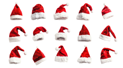 PNG. A set of a red Christmas Santa hat on a white background, viewed from the front.