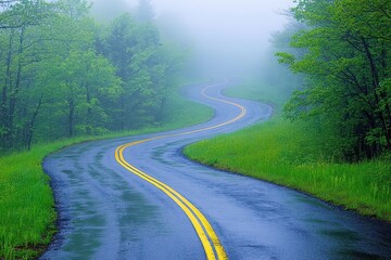 Winding road through a misty landscape.