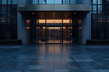 Modern office building entrance at twilight.