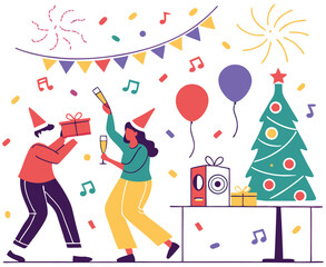 Festive christmas party with dancing, music, gifts and decor