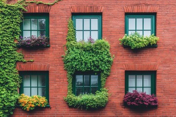 Brick building facade with lush greenery and window boxes.
