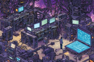 Obraz premium Pixel Art Data Center Interior With Servers And Screens