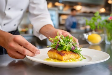 Chefs hands delicately placing seared sea bass with fresh greens in a bustling kitchen
