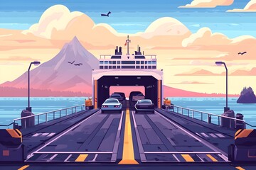 Ferry transporting cars across serene waters near a mountainous landscape