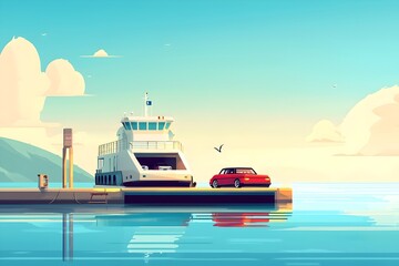 Ferry transporting cars in a charming animated style setting by the water