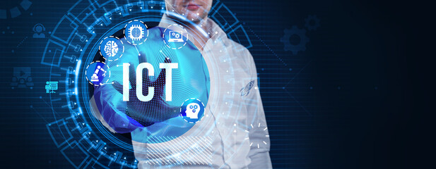 ICT Information communication technology internet concept on virtual screen.