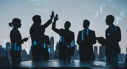 Silhouetted businesspeople celebrating success against a city backdrop.  Teamwork, achievement, and collaboration concepts.