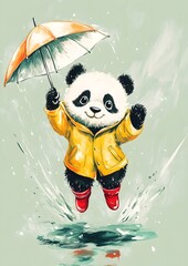 Playful panda in yellow raincoat and red boots enjoying a rainy day
