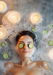Woman relaxing in bathtub with cucumber slices and candles surrounding her