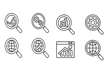 set of vector icons of tennis magnifying glass in seo growth 