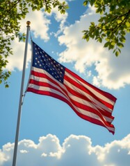 Obraz premium Waving american flag against a bright sky outdoor scene nature landscape patriotism