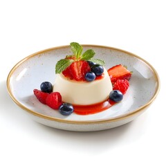 Creamy panna cotta with fresh berries and mint on a white plate