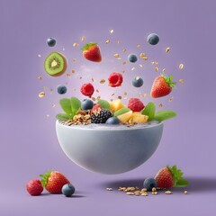 Vibrant breakfast bowl with fresh fruits and granola floating in a colorful setting