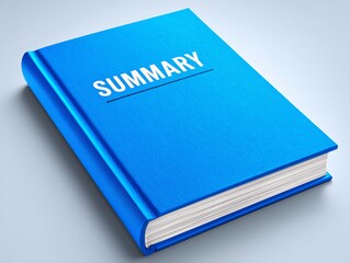 Blue hardcover summary book on light background, Business or office overview report, Professional document or analysis concept