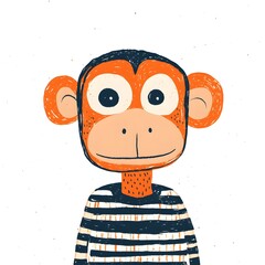 Whimsical monkey character in striped shirt enjoys playful moments in a colorful flat art style