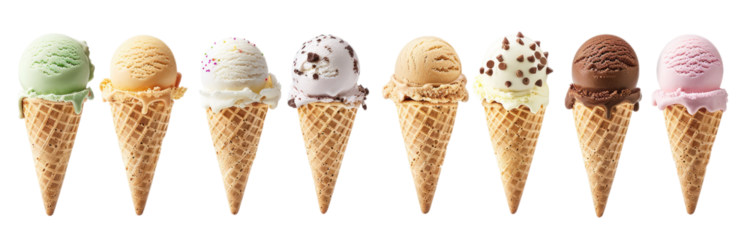 PNG. A set of different ice cream cones with various flavors isolated on a white background, photographed in detailed
