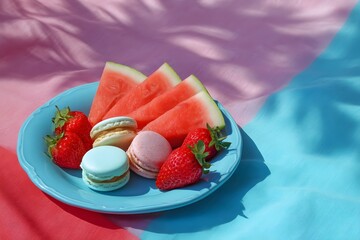 Savoring summer treats: sliced watermelon, strawberries, and colorful macarons on a picnic!