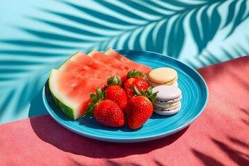 Colorful platter featuring sliced watermelon, strawberries, and macarons on a vibrant background