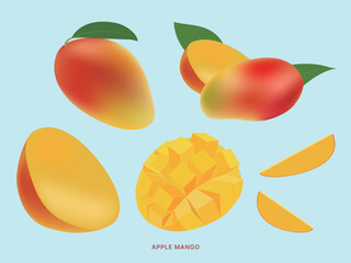 Fresh apple mango illustration set with whole fruit and sliced pieces on blue background