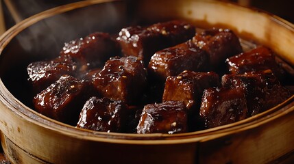 Steamed Pork Belly Cubes with Glaze in Bamboo Steamer