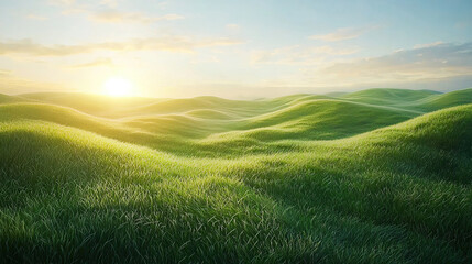 Landscape background. Rolling green grassland at sunrise with a clear blue sky