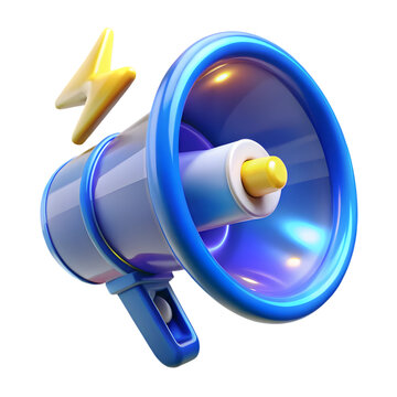 3D blue megaphone with flash lightning bolts representing digital marketing and social media promotion