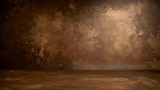 Abstract chocolate brown plaster texture background with mottled patterns and light reflections creating a grunge artistic backdrop.