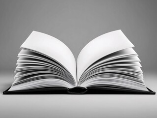 Open blank book with white pages, Empty hardcover book on gray background, Book mockup for design and branding presentation